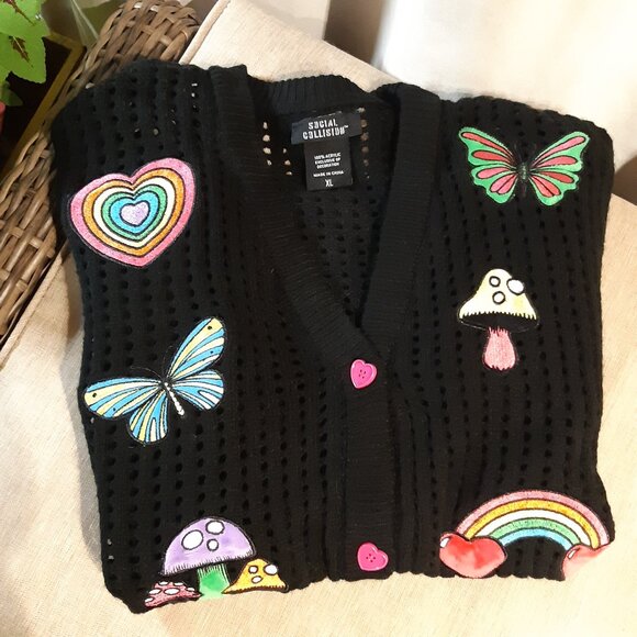 Social Collision Rainbow Icon Crop Knit Black Cardigan XL - Picture 12 of 13